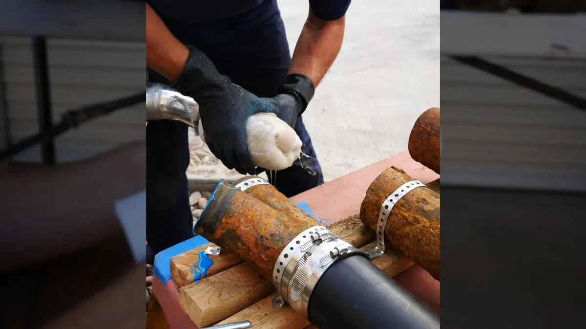 Close-up plumbing repair detail with pipes, fittings, and hand tools related to Plumber serving an Azusa home