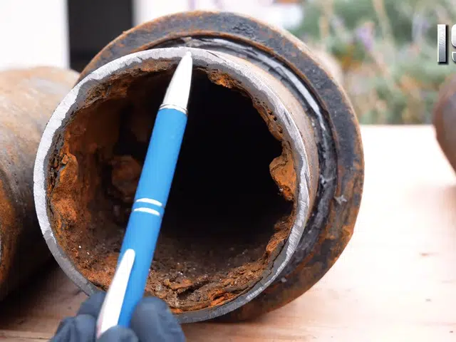 Corroded cast iron pipe section with visible rust and buildup related to Corroded galvanized pipe in a Monrovia home