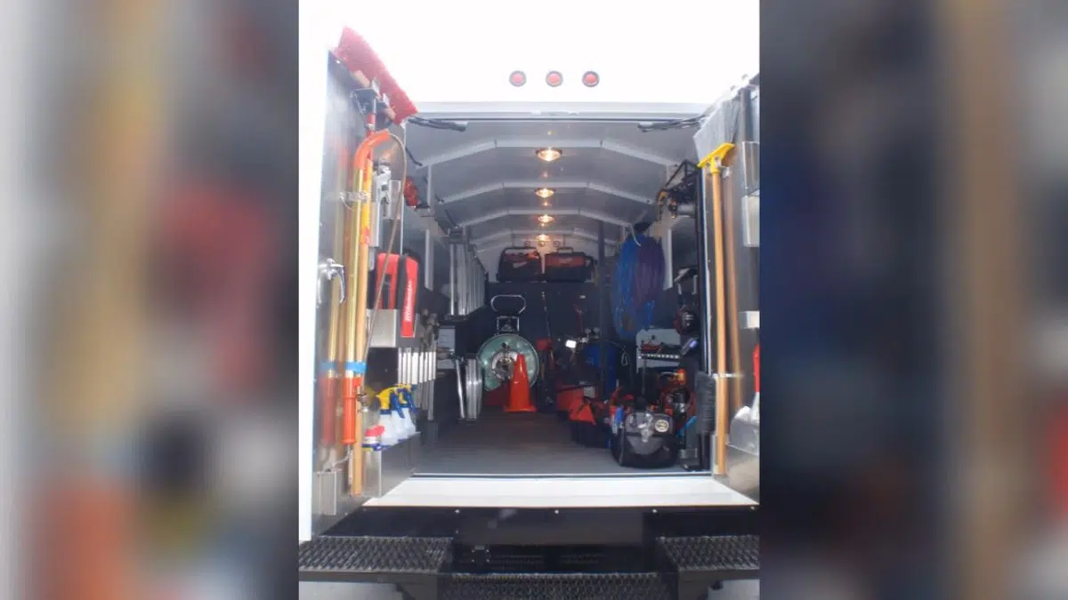 Plumbing service truck with organized repair tools ready for an urgent Monrovia call