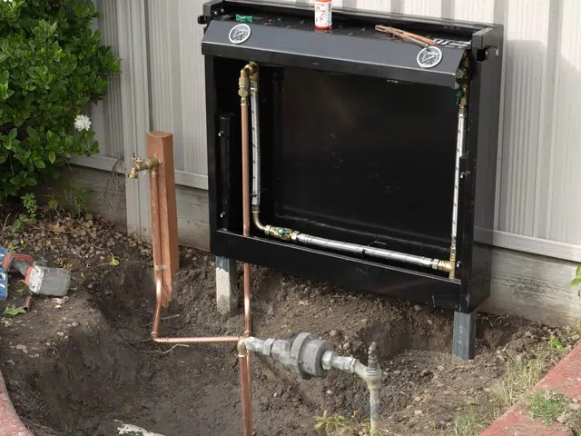Whole-house water filtration equipment installed on the main line related to Gas meter and shutoff in Monrovia