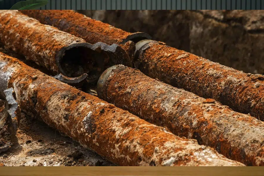 Trenchless sewer repair equipment and liner materials at the work area related to Monrovia Hills home with pool