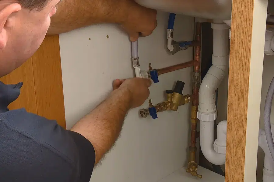 Sink faucet and drain connection being adjusted by hand tools related to Period-appropriate plumbing in a restored Monrovia heritage home