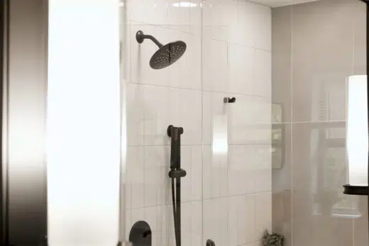 Finished bathroom shower and bathtub fixtures with clean tile surfaces related to Station Square Area neighborhood