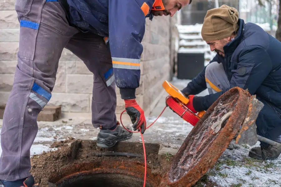 Drain cleaning equipment and hose being used near a blocked line related to Roots cleared from a Monrovia clay sewer lateral